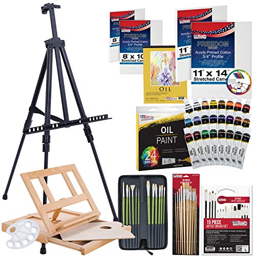 U.S. Art Supply 70-Piece Artist Oil Painting Set with Aluminum Field Easel, Wood Table Easel, 24 Oil Paint Colors, 37 Brushes, 2 Stretched Canvases, US Art Supply
