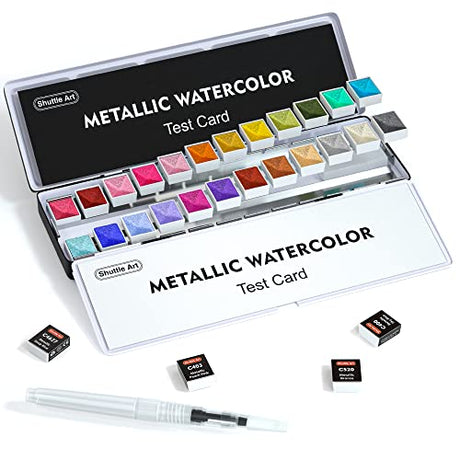 Metallic Watercolor Paints, Shuttle Art 24 Colors Glitter Watercolor Paint in Half Pans with Water Brush Pen Watercolor Pad &Mental Box, Art Supplies Shuttle Art