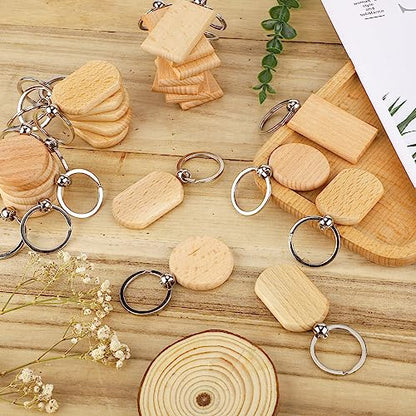 24pcs Wooden Keychain Blanks, Round Square Oval Engraving Blanks Wood Blanks Unfinished Wooden Key Ring Key Tag for DIY Gift Crafts