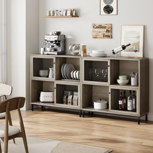 IDEALHOUSE Sideboard Cabinet, Farmhouse Kitchen Buffet Storage Cabinet with Sliding Door, Industrial Coffee Bar Cabinet, Wood Metal Accent Cabinet