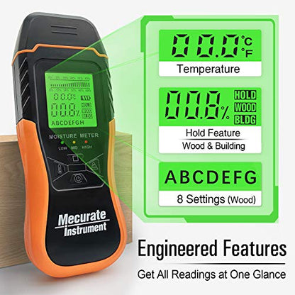 Mecurate Digital Pin Type Wood Moisture Meter with 3 Colored Indicators, Moisture Detector 2 Mode 8 Calibration Large Backlit for Wood, Wall,