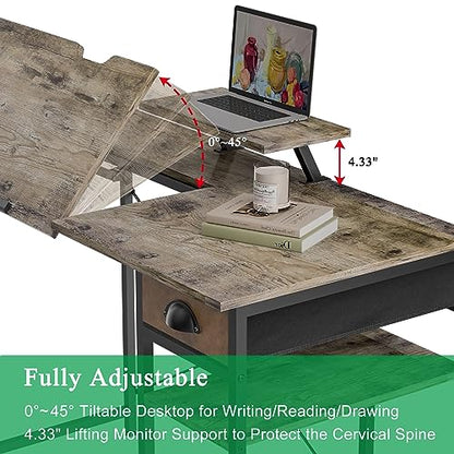 X-cosrack Computer Desk with Storage Shelves Drawer, 43” Home Office Desk with Monitor Stand, Adjustable & Tiltable Draft Drawing Table Writing Study - WoodArtSupply