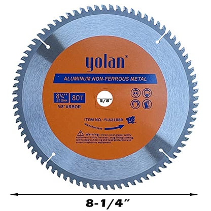 Yolan 8-1/4-Inch 80 Teeth Circular Saw Blade with 5/8-Inch Diamond Knockout Arbor, Steel for Cutting Aluminum, Non-Ferrous Metal Table Saw - WoodArtSupply