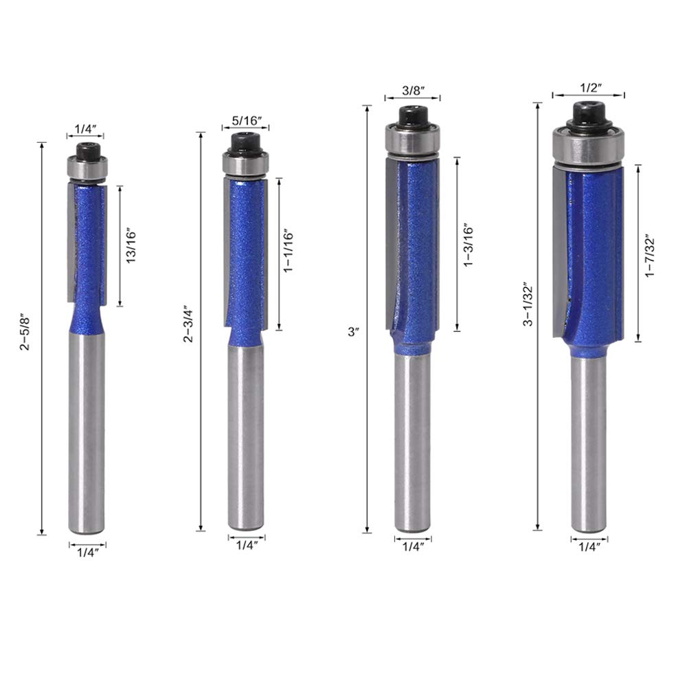 Wolfride 4PCS Flush Trim Router Bit Set 1/4 Inch Shank Top Bearing Flush Trim Router Bit - WoodArtSupply