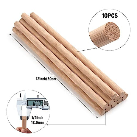 Wooden Dowel Dods Wood Dowels, 10PCS 1/2 x 12" Natural Round Bamboo Sticks for Crafting, Macrame Dowel, Unfinished Hardwood Sticks for Crafts, Coowayze