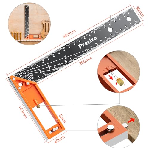 12” Woodworking Square Ruler - Preciva Right Angle Ruler Carpenter Square Layout Tool, Features Stainless Steel Blade, Retractable Ledge, 1/16” and - WoodArtSupply