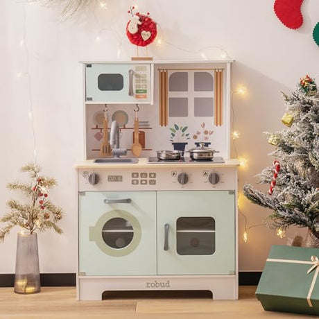 ROBOTIME Play Kitchen Set for Kids Toddlers, Wooden Kids Play Kitchen Playset with Real Lights & Sounds, Pretend Toddler Kitchen Gift for Girls Boys ROBOTIME