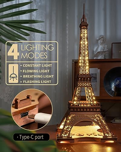 Rolife Large Eiffel Tower Set-LED Model Building Kit-3D Wooden Puzzles for Adults-Paris Architecture Set-Home Decor Gift for Women Men - WoodArtSupply