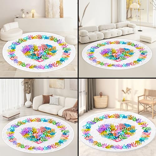 Round Colorful Handprints Kids Area Rug, Washable Nursery Rug for Kids Bedroom, Non-Slip Play Mat Ultra Soft Non-Slip Carpet Indoor Mat for Classroom Fubullish