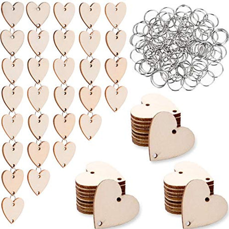 Onwon 100 Pieces Wooden Heart Tags Discs with 2 Holes & 100 Pcs Stainless Steel Rings Connectors for Your DIY Projects Such as Birthday Boards, Chore Onwon