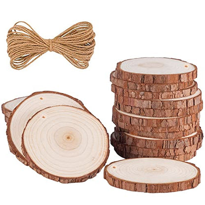 chfine Natural Wood Slices, 20Pcs 3.5-4 Inch Unfinished Wood Round Discs Wooden Circles with Predrilled Hole and 33 Feet Twine String for DIY Arts