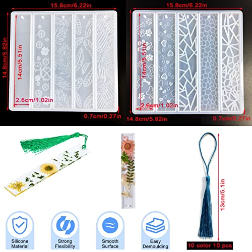 Szecl 10Pcs Resin Bookmark Mold Upgrade Rectangle Bookmark Silicone Mold with 10 Tassel Leaves Texture Flower Shaped Epoxy Resin Casting Mold DIY Szcelling
