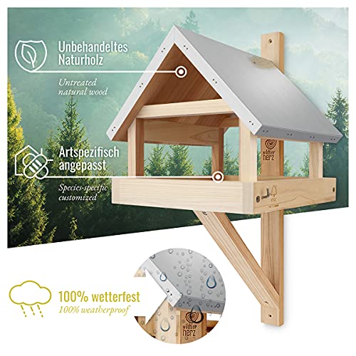 Wild Animal Heart XL Wooden Birdhouse with Weatherproof Metal Roof - Solid Wood Wall Bird Feeding House for Birds - Hanging Bird Feeding House wildtier herz