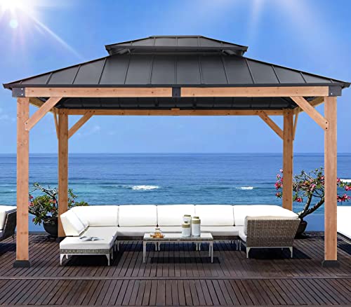 ABCCANOPY Wood Gazebo 11x13 - Outdoor Patio Wooden Gazebo with Hardtop Metal Double Roof for Garden, Backyard and Deck ABCCANOPY
