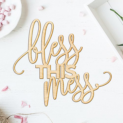 Woodums Bless This Mess Wood Sign Décor Wall Art for Gallery Wall - Unfinished 12" Wide x 11" Tall Woodums