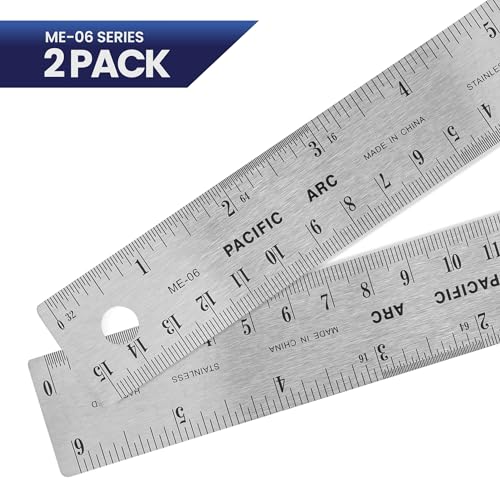 2 Pack | Stainless Steel 6 Inch Metal Ruler Non-Slip Rubber Back, with Inch and Metric Graduations - WoodArtSupply