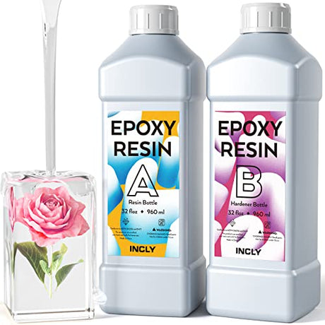 INCLY 64OZ Crystal Clear Epoxy Resin Kit, High Gloss & Bubbles Free Resin Supplies For Coating and Casting, Table Top, Countertop, River Table, Wood, INCLY