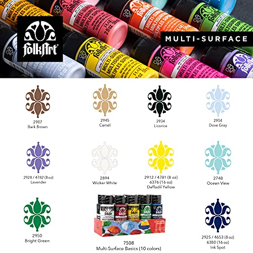 FolkArt Color, 10 Bottle Multi-Surface Acrylic Paint Set, 2oz, Basics FolkArt