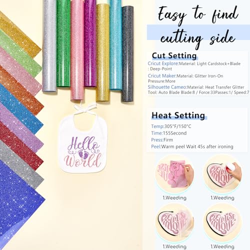 Tintnut Glitter HTV Heat Transfer Vinyl - 16 Sheets 12"X12" Colorful Glitter Heat Transfer Vinyl Shinny Glitter Iron On Vinyl for T-Shirts Glitter Tintnut