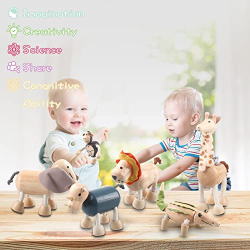 12PCS Bendable Wooden Animal Toys, Fun and Posable Animal Toys Figures for Early Education, Safari Wood Toy for Kids, Smooth Natural Wood, Wood Drachompa