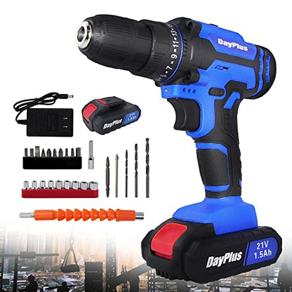 Power Drill Set 21V Cordless Drill Driver Kit with 2x Batteries and Charger, 2 Variable Speed, 3/8'' Keyless Chuck, 25+1 Torque Setting, 400 In-lb