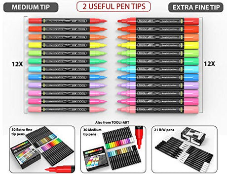 TOOLI-ART Acrylic Paint Markers Paint Pens Special Colors Set Extra Fine And Medium Tip Combo For Rock Painting, Canvas, Fabric, Glass, Mugs, Wood, TOOLI-ART