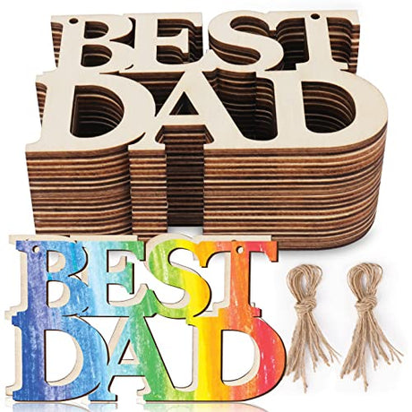 AIERSA 20Pcs Best DAD Unfinished Wood Crafts, Fathers Day Crafts for Kids, Wood Cutouts Gift Tags, Wooden Letter Ornaments with 20 String for Happy, AIERSA