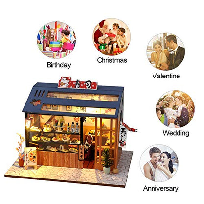 SYW Miniature Dollhouse with Furniture and LED Lights, Japanese Model Kit Wooden Dollhouse, 1:24 Scale Wooden Handmade Building Model Puzzle