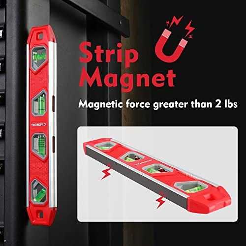 WORKPRO 12 Inch Torpedo Level, Magnetic Small Leveler Tool, Plumbing Level with Pitch Vial, Aluminum Reinforced, 4 Bubbles, V-Groove for Conduit WORKPRO