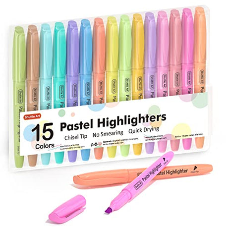 Shuttle Art Highlighters, 15 Colors Pastel Highlighter Pens Assorted Colors, Chisel Tip Dry-Quickly Non-Toxic Highlighter Markers for Adults Kids Shuttle Art