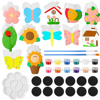 12 Sets Arts and Crafts Set Painting Kit for Kids Unpainted DIY Ceramic Figurines Paint Your Own Figurines with 12 Magnet 2 Brushes and 1 Palette