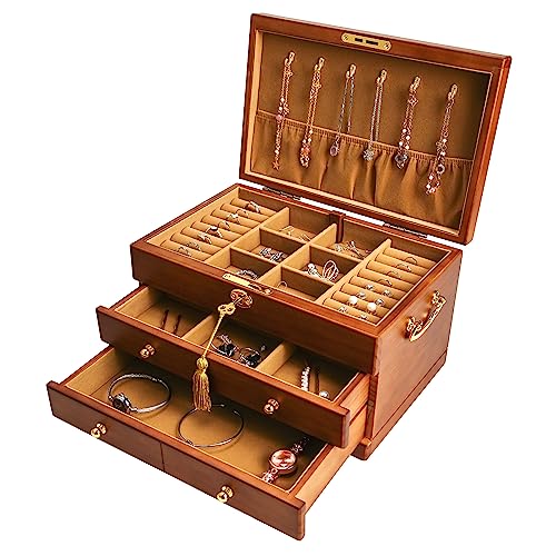 EURIELK Wooden Jewelry Box with Lock and Key for Women, 2 Drawers Medium Size Real Natural Wood Lockable Antique Girls Organizer Boxes with Large EURIELK