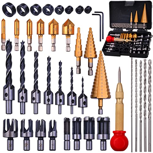 Rocaris 39 Pack Woodworking Chamfer Drilling Tools, Including Countersink Drill Bits, L-Wrench, Wood Plug Cutter, Step Drill Bit, Center Punch, Drill Rocaris