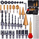 Rocaris 39 Pack Woodworking Chamfer Drilling Tools, Including Countersink Drill Bits, L-Wrench, Wood Plug Cutter, Step Drill Bit, Center Punch, Drill Rocaris