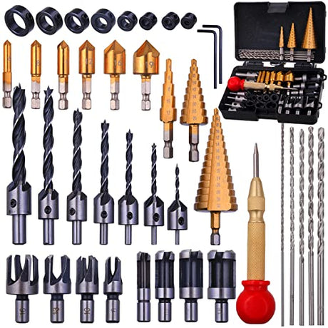 Rocaris 39 Pack Woodworking Chamfer Drilling Tools, Including Countersink Drill Bits, L-Wrench, Wood Plug Cutter, Step Drill Bit, Center Punch, Drill Rocaris