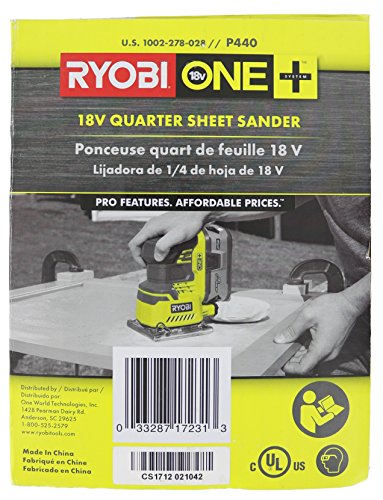 Ryobi P440 One+ 18V Lithium Ion 12,000 RPM 1/4 Sheet Palm Sander w/ Onboard Dust Bag and Included Sanding Pads (Battery Not Included, Power Tool