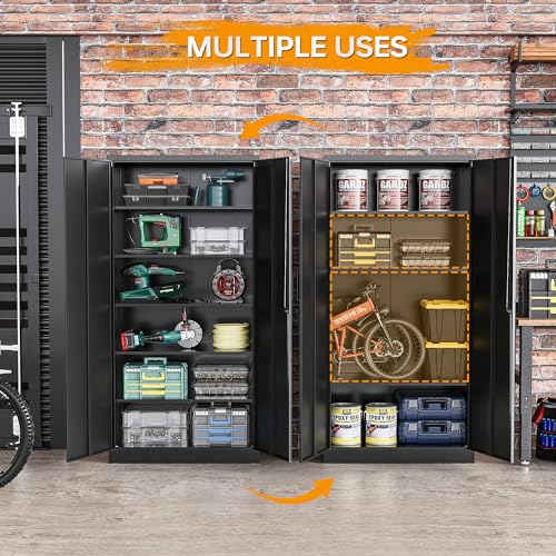 STANI Metal Garage Storage Cabinet with Lock, 71" Steel Lockable File Cabinet, Locking Steel Storage Cabinet with 4 Adjustable Shelves for Home, STANI