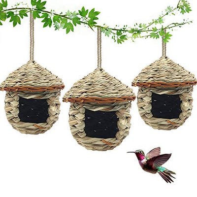 3 Pack Hummingbird House, Hand Woven Bird Nest for Outdoors Hanging, Small Grass Bird Houses for Outside, Natural Fiber Bird Hut Roosting Pocket for