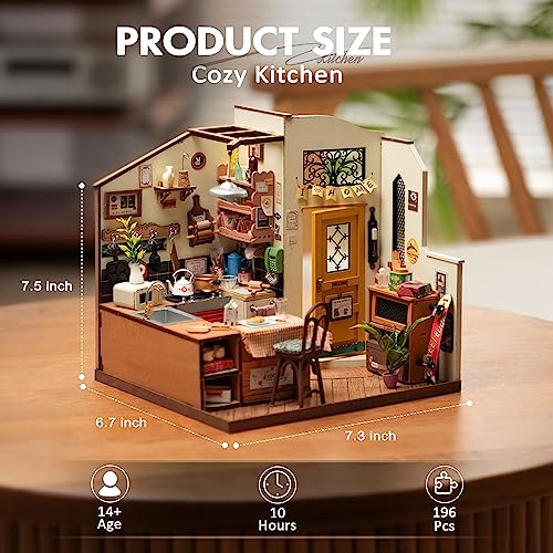 ROBOTIME Miniature House Kit DIY Miniature Dollhouse with Furniture Tiny Room Kit with LED Light Hobby Gift for Kids & Adults (Cozy Kitchen) ROBOTIME