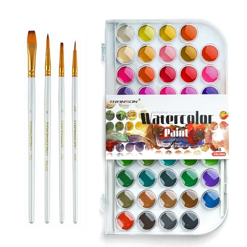 Transon 48-Color Watercolor Kit with 4pcs Paint Brush Set for Adults, Students, Beginners and Artists - WoodArtSupply