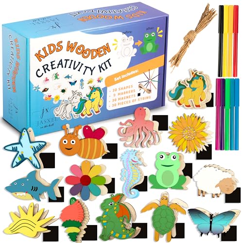 Large and Durable Wooden Crafts for Kids - Wooden Magnets to Paint and Colors with Markers Included - 30 Shapes - Color and Paint Your Own Wooden