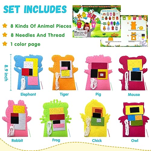 Creatoy Animal Hand Puppet Crafts Kit for Kids 8pcs Sewing Kits for Girls 4-9 Felt DIY Sewing Projects Toddler Activities Story Telling Pretend Play UrSIM