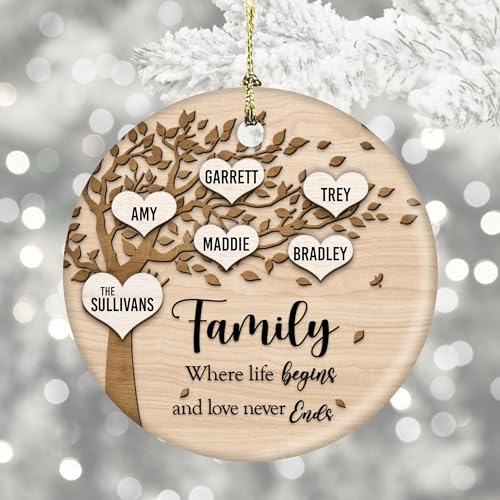 Family Where Life Begins and Never Ends Personalized 3 Inch Ceramic Christmas Ornament With Gift Box (5 Names) - WoodArtSupply