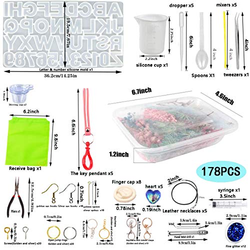 Alphabet Resin Silicone Casting Molds Kits DIY Molds Set with Letter Number Resin Molds, Tools, Metal Accessories and Dried Pressed Flowers for DIY ZYNA