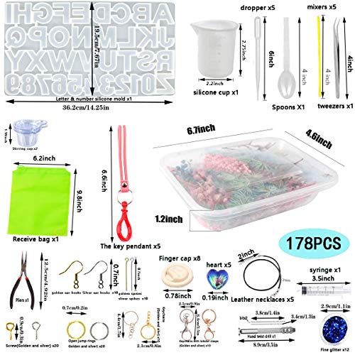 Alphabet Resin Silicone Casting Molds Kits DIY Molds Set with Letter Number Resin Molds, Tools, Metal Accessories and Dried Pressed Flowers for DIY