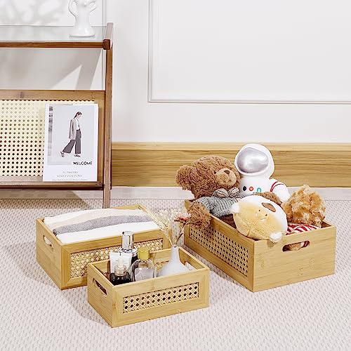 ANMINY 3 PCS Natural Bamboo Storage Bins Set Faux Rattan Frame Wicker Storage Baskets with Handles Sundry Office Drawer Desk Decorative Laundry - WoodArtSupply