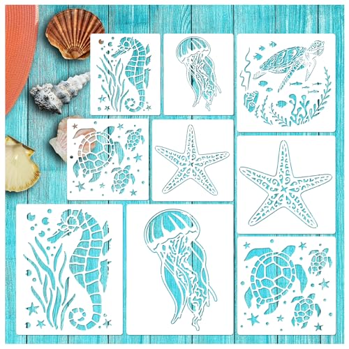 Ocean Stencils for Painting On Wood Turtle Seahorse Starfish Jellyfish Templates for Art Crafts Plastic Reusable Wood Burning Stencils for Wall