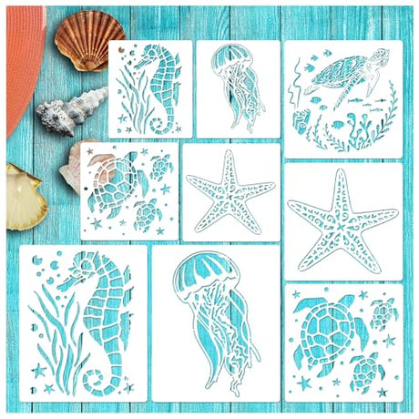 Ocean Stencils for Painting On Wood Turtle Seahorse Starfish Jellyfish Templates for Art Crafts Plastic Reusable Wood Burning Stencils for Wall Pkqon