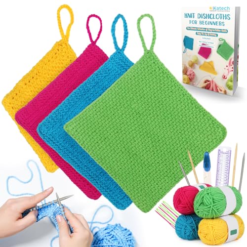 Katech Knitting Kit for Beginners-Learn to Knit Dishcloth-Beginner Knitting Kit for Adults Kids with Knitting Book, Knitting Needles, Soft Wool Yarn, Katech