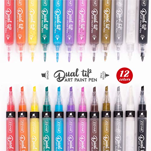 ZEYAR Acrylic Paint Pen, Dual Tip: Board and Extra Fine, 12 Colors, AP Certified, Waterproof Ink, Works on Rock, Wood, Glass, Metal, Ceramic and More - WoodArtSupply